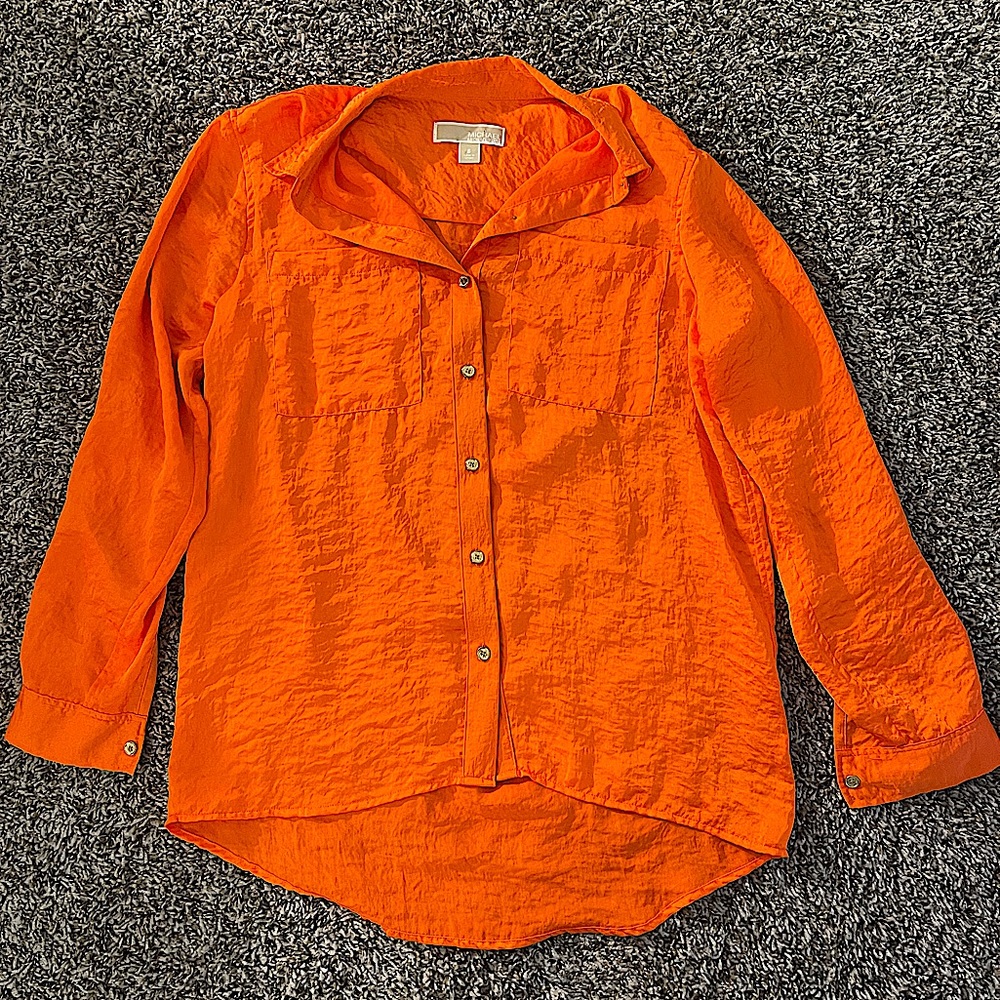 Michael Kors Hammered Satin Roll Tab Woman’s Button Down Blouse Orange Sz Small